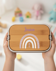 Lunchbox Edelstahl mit Holzbrett Regenbogen & Namen personalisiert