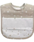 100% Baumwolle Baby-Lätzchen mit Klettverschluss und Frottee-Rückseite in beige und weiss mit Sternen-Motiv, mit Namen personalisierbar