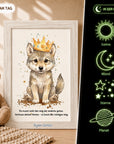 Glow Dreams Krafttier Wolf – personalisiertes Leuchtbild für Kinder mit Wolf, Name und sanft leuchtendem Nachtbegleiter im Holzrahmen