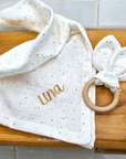 Musselin Baby Geschenkset Nuscheli und Beissring mit Hasenohren personalisierbar