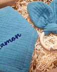 Musselin Baby Geschenkset Nuscheli und Beissring mit Hasenohren personalisierbar