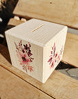 Holzspardose würfel mit blumen motiv bedruckt auf wunsch personalisierbar