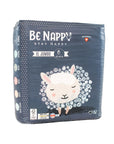 Vorderseite von Dunkelbrauer Verpackung von Be Nappy Windeln XL Jumbo Grösse Sechs, 15-30kg. Mit Schafmotiv und Gütesiegel auf Verpackung. Verpackung beinhaltet 32 Windeln.