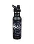 Schwarze Camouflage Klean Kanteen Kinder Trinkflasche mit schwarzer Verschlusskappe, mit Namen personalisierbar.
