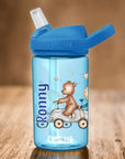 camelbak blau mit blauem Aufsatz und stohhalm bedruckt mit Walttiere in Rennautos und Namen personalisiert
