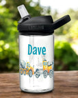 camelbak clear weiss mit schwarzem Aufsatz und stohhalm bedruckt mit Baufahrzeugen und Namen personalisiert