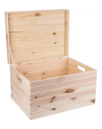 Geöffnete Holzkiste mit Griffen an den Seiten