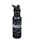 Schwarze Camouflage Klean Kanteen Kinder Trinkflasche mit schwarzer Verschlusskappe, mit Namen personalisierbar.
