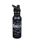Schwarze Camouflage Klean Kanteen Kinder Trinkflasche mit schwarzer Verschlusskappe, mit Namen personalisierbar.