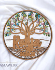 Rundes Namensschild von Mamawerk aus Holz, mit Namen und Geburtsdatum sowie Lebensbaum mit farbigen Blättern bedruckt.