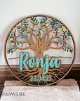 Rundes Namensschild von Mamawerk aus Holz, mit blauem Namen und Geburtsdatum aus Acrylglas sowie Lebensbaum mit farbigen Blättern bedruckt.