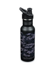 Schwarze Camouflage Klean Kanteen Kinder Trinkflasche mit schwarzer Verschlusskappe, mit Namen personalisierbar.