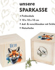 sparkasse in quadratischer form bedruckt mit einem fuchs und namen personalisert und massangaben
