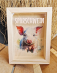 sparkasse im Bilderrahmen mit schwein motiv und 3D Schrift
