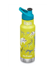 Gelbe Klean Kanteen Kinder Trinkflasche mit Safari Tier-Motiv und blauer Verschlusskappe, mit Namen personalisierbar.