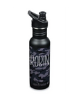 Schwarze Camouflage Klean Kanteen Kinder Trinkflasche mit schwarzer Verschlusskappe, mit Namen personalisierbar.