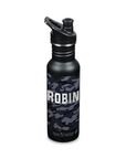Schwarze Camouflage Klean Kanteen Kinder Trinkflasche mit schwarzer Verschlusskappe, mit Namen personalisierbar.
