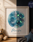 personalisierter glow dreams bilderrahmen sternzeichen wassermann mit petrolfarbenem und himmelblauem aquarell kraftkreis leuchtender sternkarte personalisiertem namen und geburtsdatum im hochwertigen holzrahmen