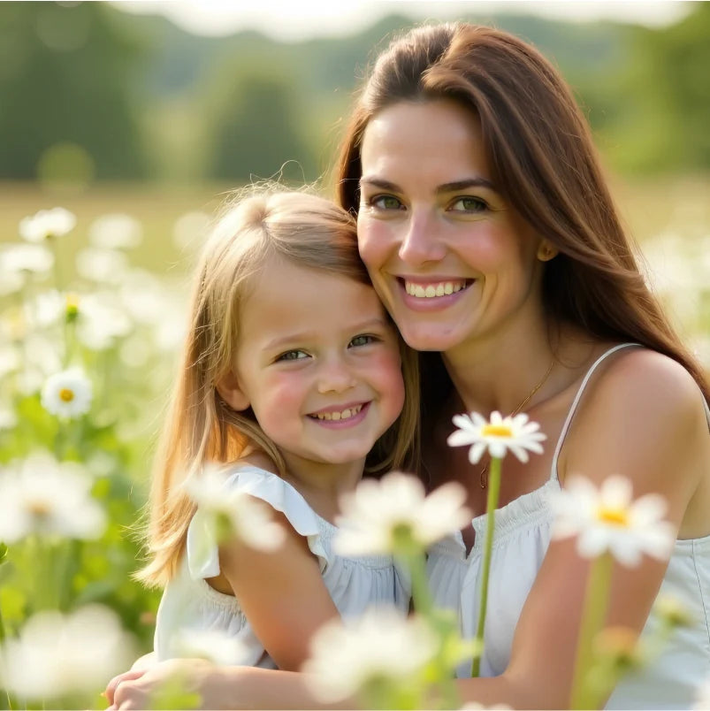 maedchen mit mama in blumenwiese