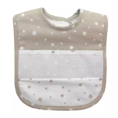 100% Baumwolle Baby-Lätzchen mit Klettverschluss und Frottee-Rückseite in beige und weiss mit Sternen-Motiv, mit Namen personalisierbar