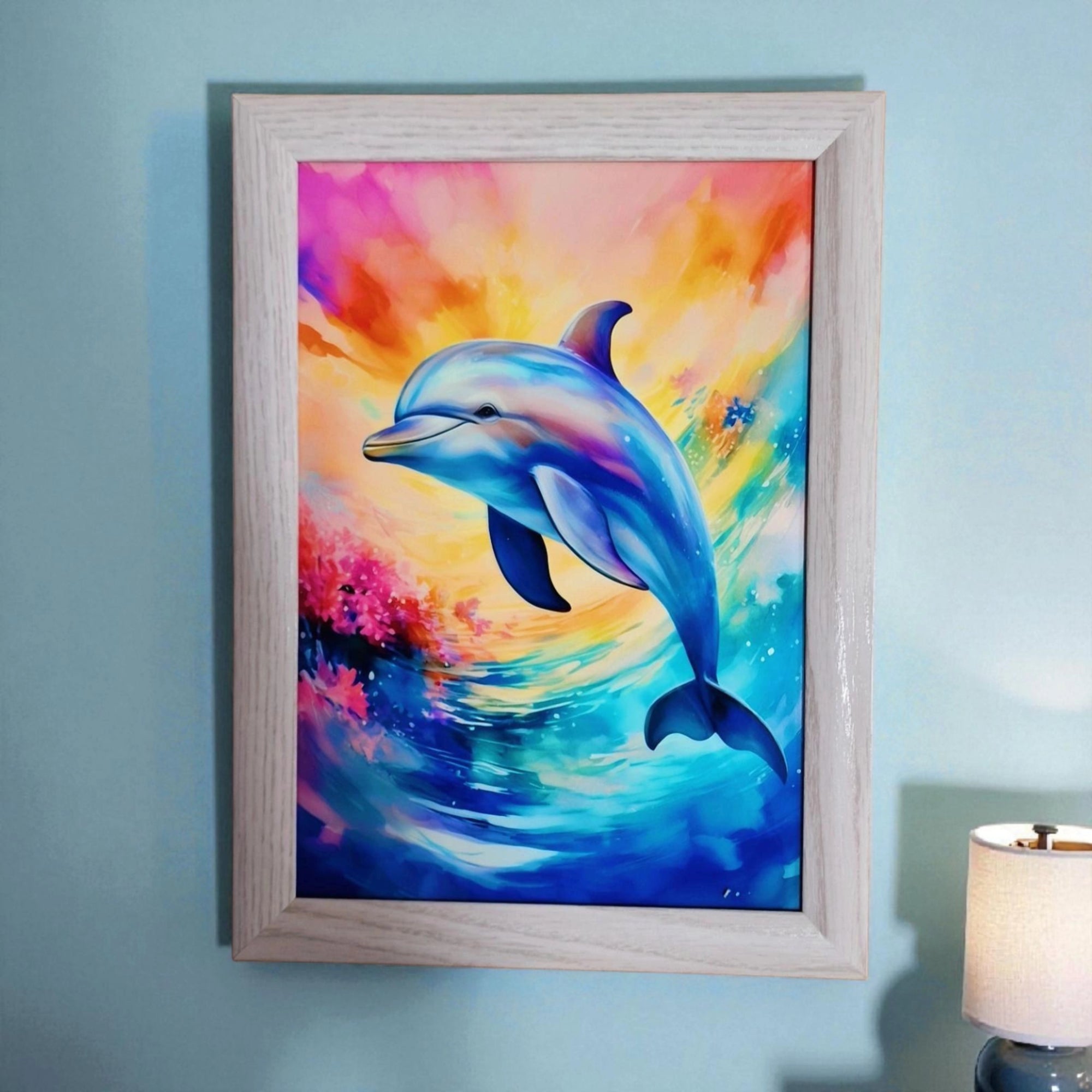 Leuchtender Delfin im Aquarell-Design. Direktdruck auf Glas, grauer Holzrahmen, mit Gravur. Swiss Made.