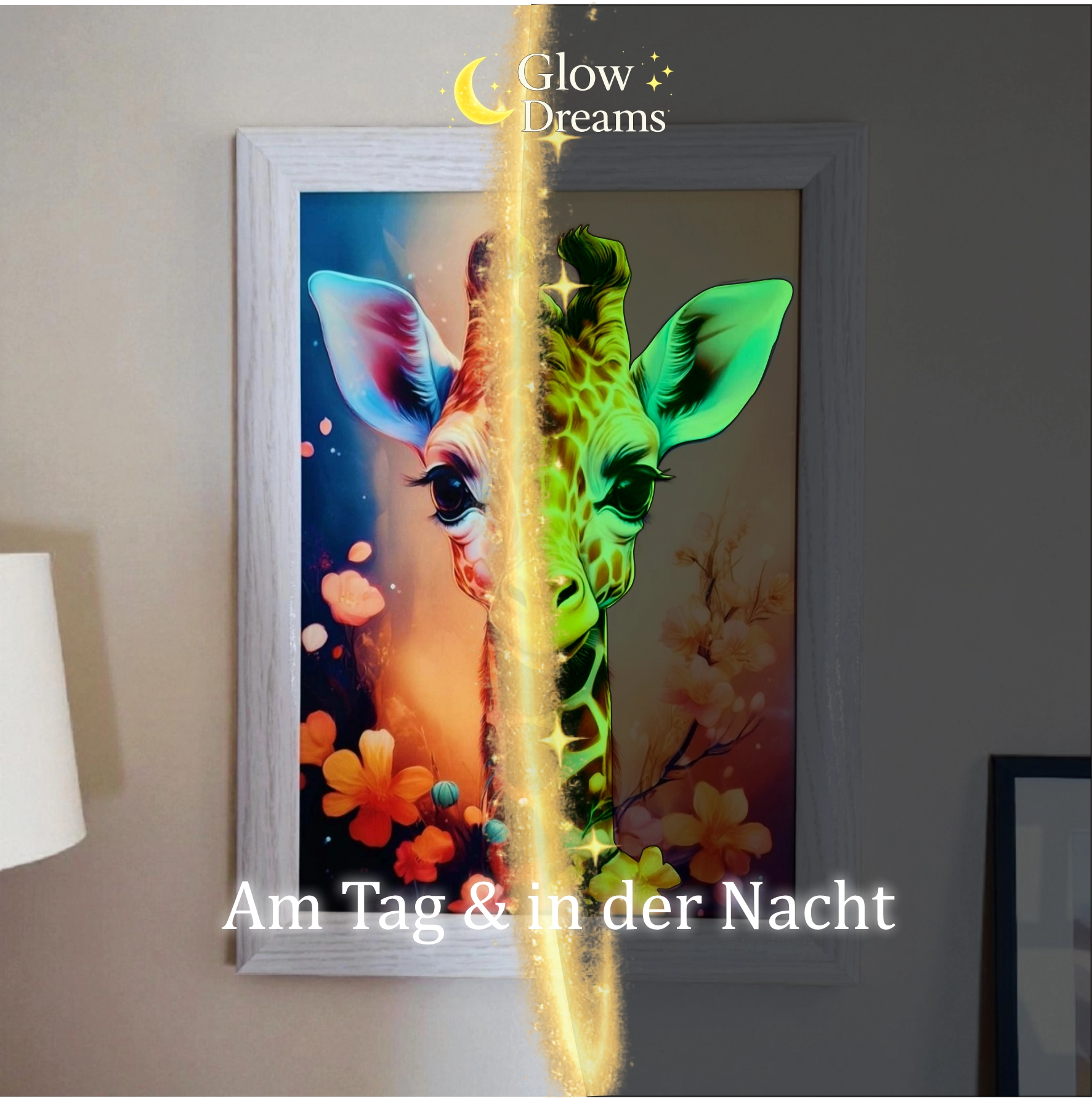 Personalisiertes Giraffe Traumbild im Bilderrahmen mit Name – Glow Dreams leuchtet im Dunkeln für Kinderzimmer