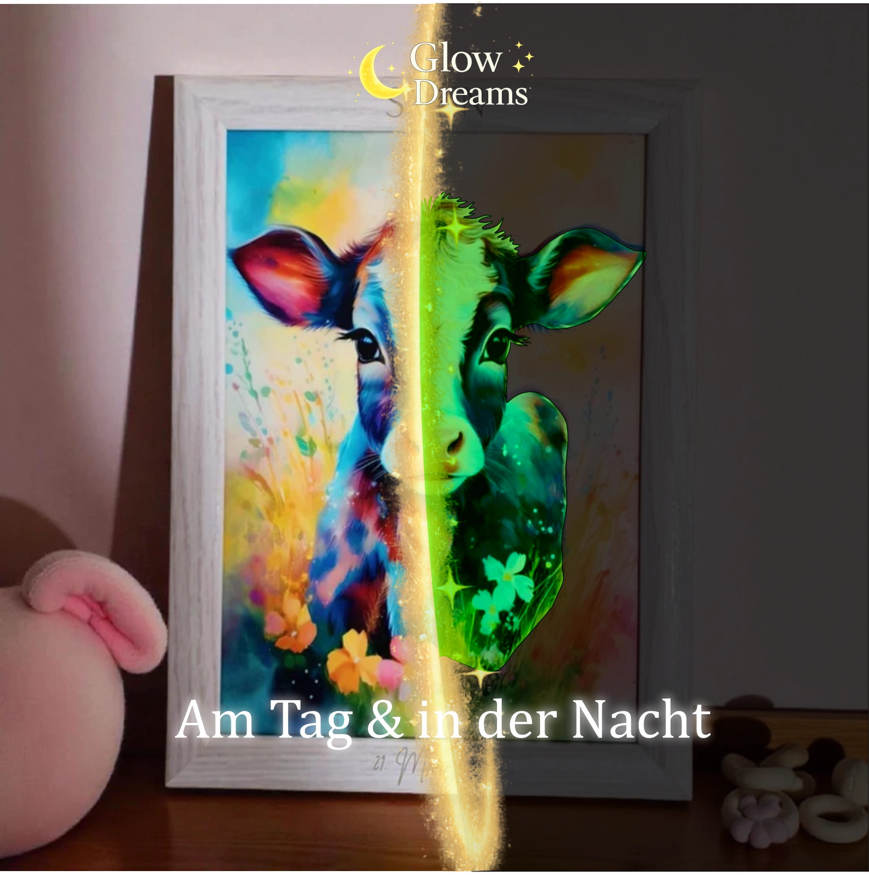 Personalisiertes Kuh Traumbild im Bilderrahmen mit Name – Glow Dreams leuchtet im Dunkeln für Kinderzimmer