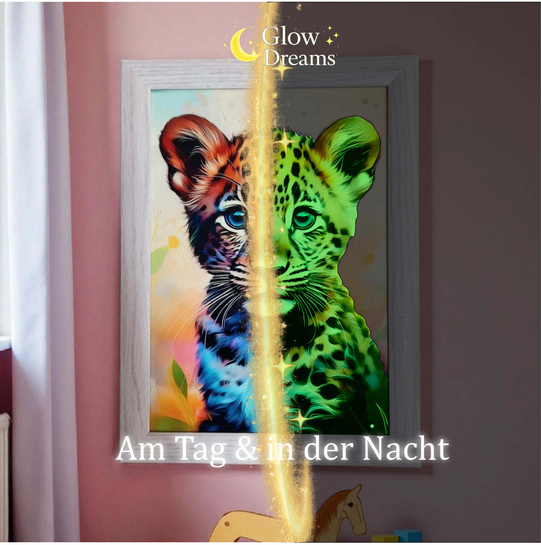 Personalisiertes Leopard Traumbild im Bilderrahmen mit Name – Glow Dreams leuchtet im Dunkeln für Kinderzimmer