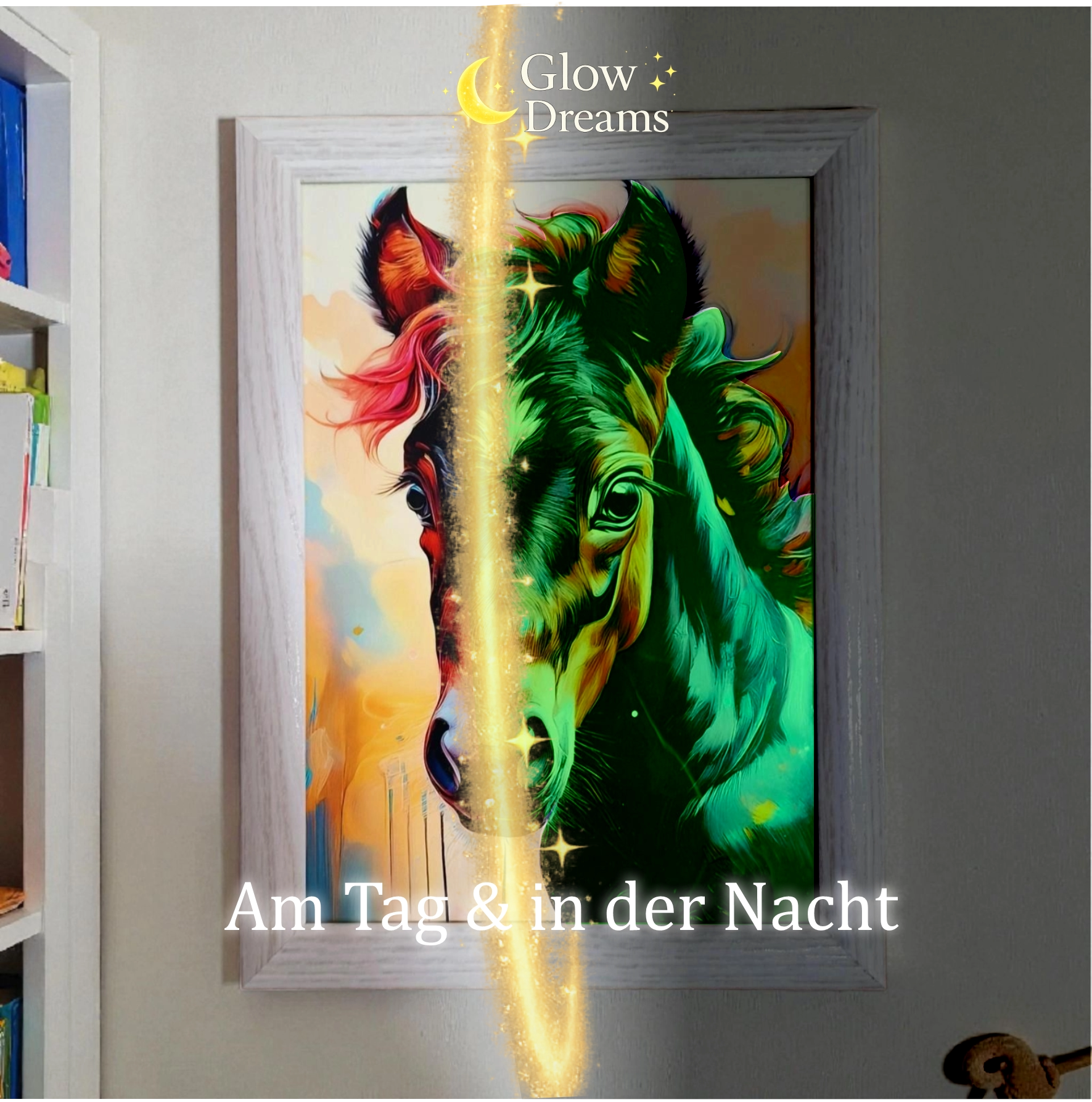 Personalisiertes Pferd Traumbild im Bilderrahmen mit Name – Glow Dreams leuchtet im Dunkeln für Kinderzimmer