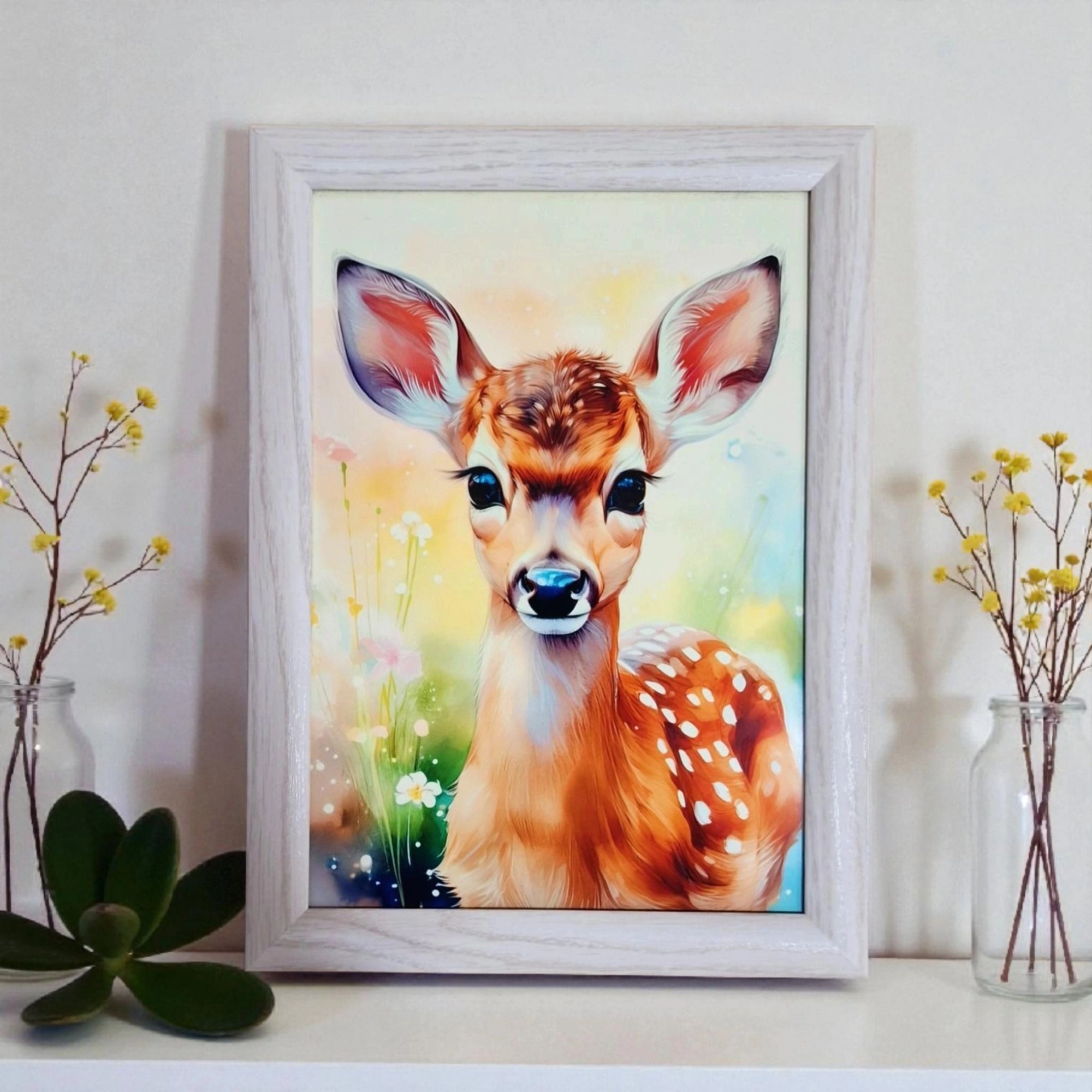 Zartes Rehkitz mit sanftem Leuchten. Direktdruck auf Glas, grauer Holzrahmen, mit Gravur. Handgemacht in der Schweiz.