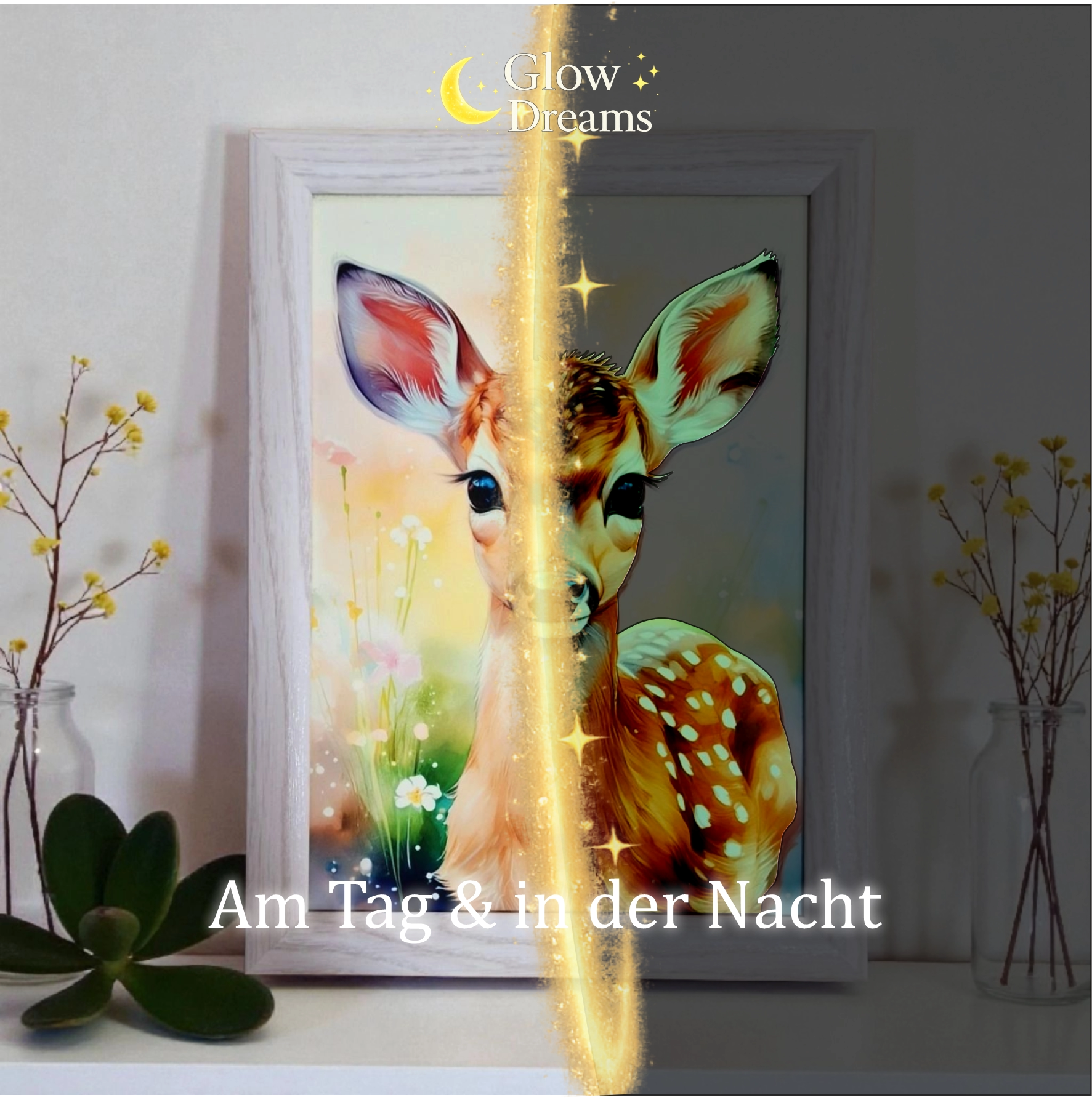 Personalisiertes Reh Traumbild im Bilderrahmen mit Name – Glow Dreams leuchtet im Dunkeln für Kinderzimmer