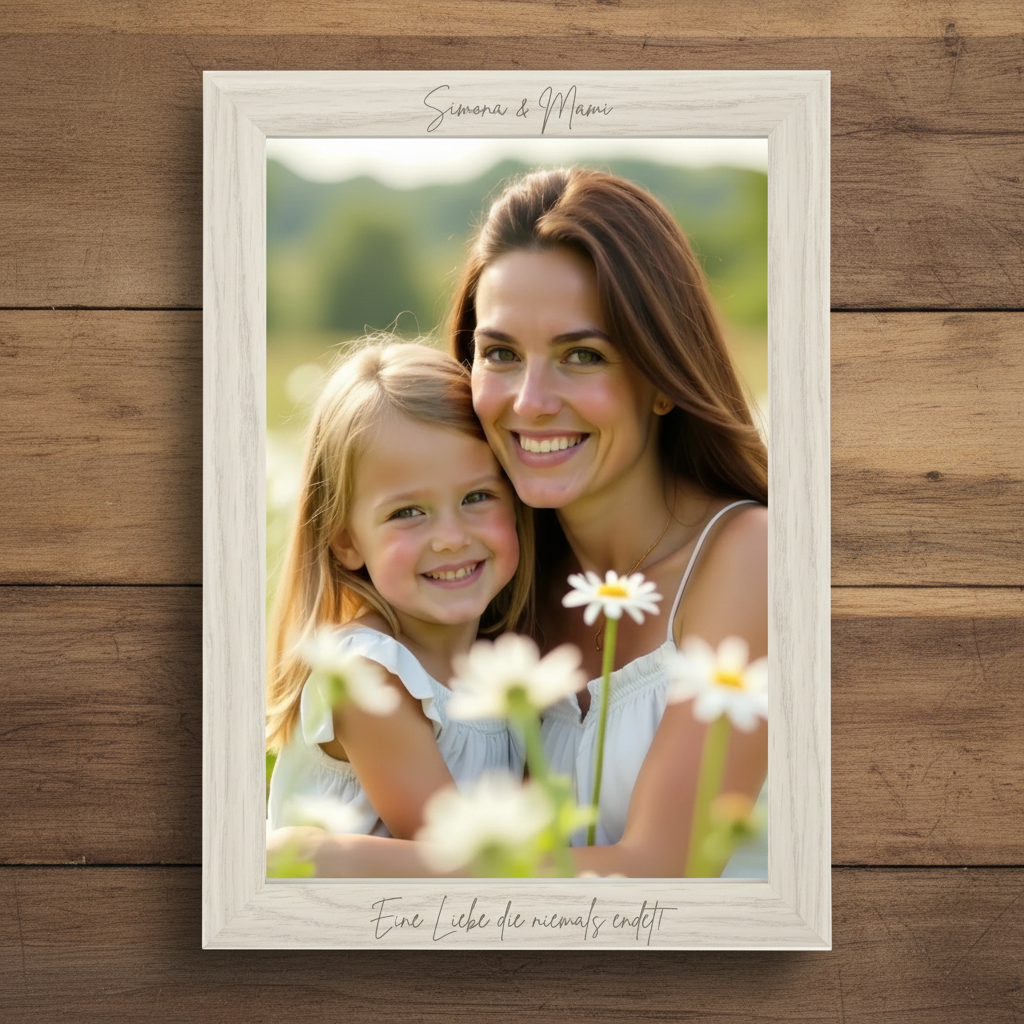 Glow Bild im Bilderrahmen mit Mama und Tochter Foto mit Glow funktion und persoanalisiert mit Namen und Text
