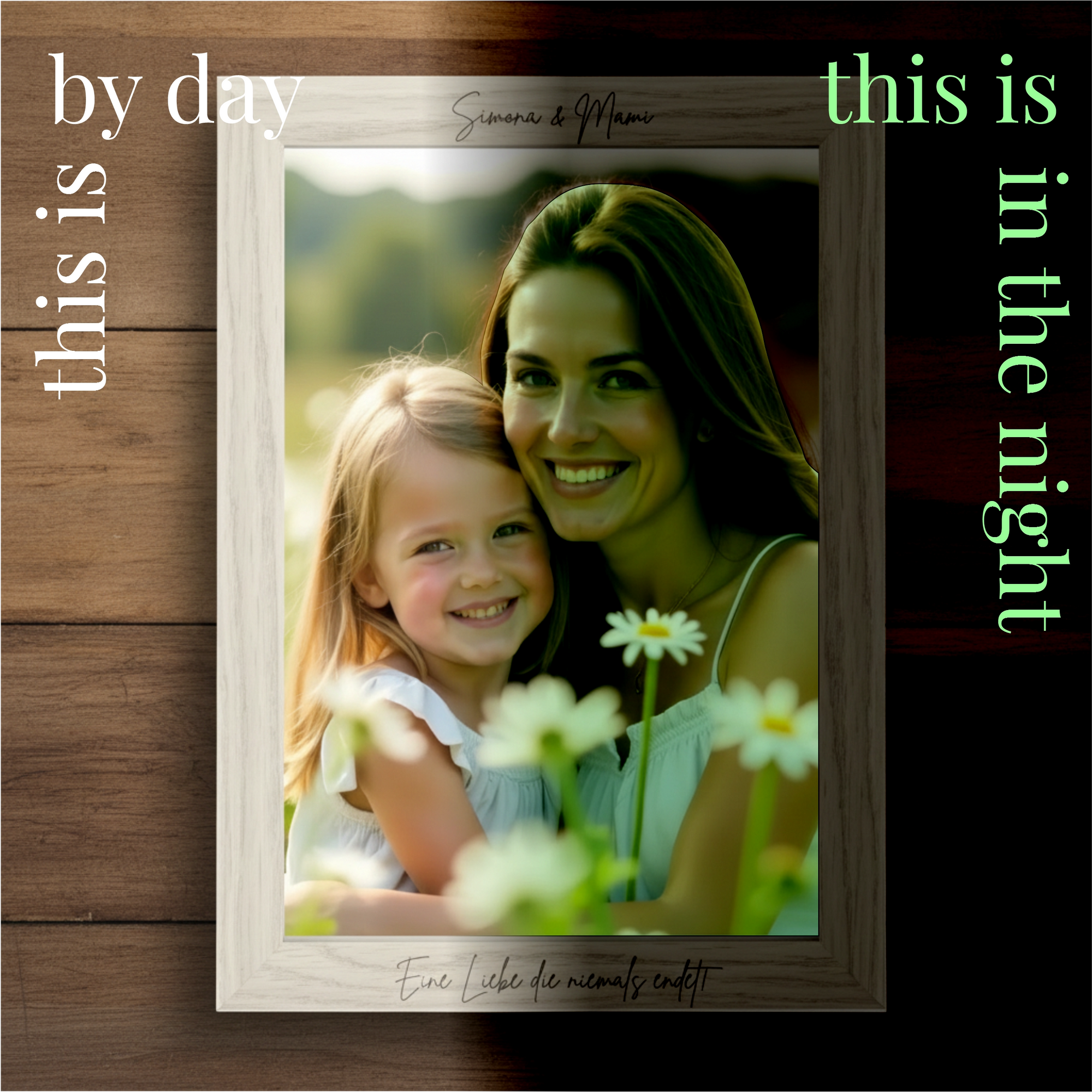 foto im Bilderrahmen welches in der nacht anfängt zu leuchten personalisiert und im rahmen