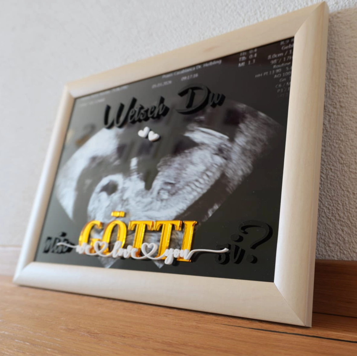Personalisierter Bilderrahmen mit Ultraschallbild – „Wetsch du mis Gotti / Götti si?“