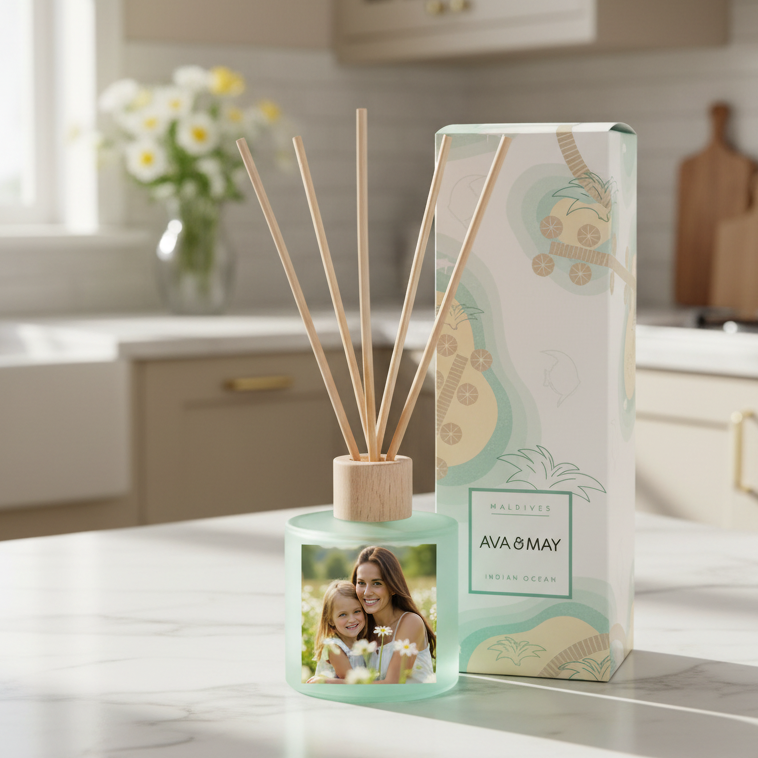 duftstäbchen von ava & may mit foto von einem Kind und ihrer mutter personalisiert
