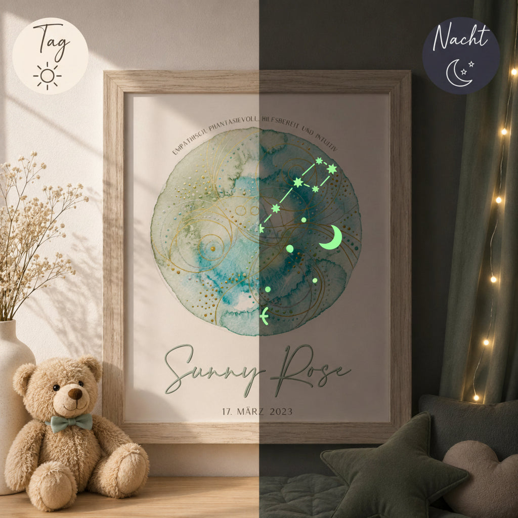 personalisierter glow dreams bilderrahmen sternzeichen fische mit mint und pastellblauem aquarell kraftkreis leuchtender sternkarte personalisiertem namen und geburtsdatum im hochwertigen holzrahmen