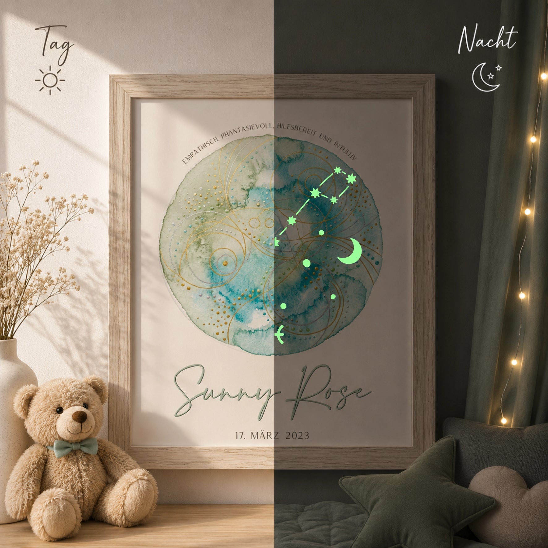 personalisierter glow dreams bilderrahmen sternzeichen fische mit mint und pastellblauem aquarell kraftkreis leuchtender sternkarte personalisiertem namen und geburtsdatum im hochwertigen holzrahmen