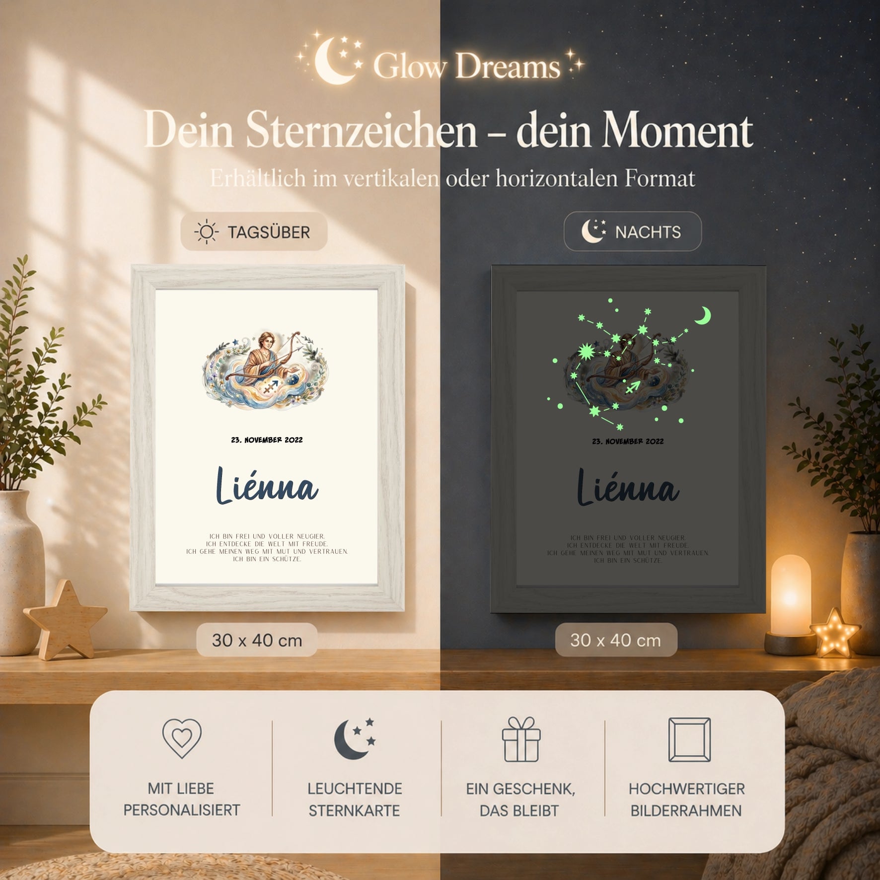 sternzeichen schuetze bilderrahmen personalisiert mit name und geburtsdatum glow effekt leuchtet im dunkeln kinderzimmer