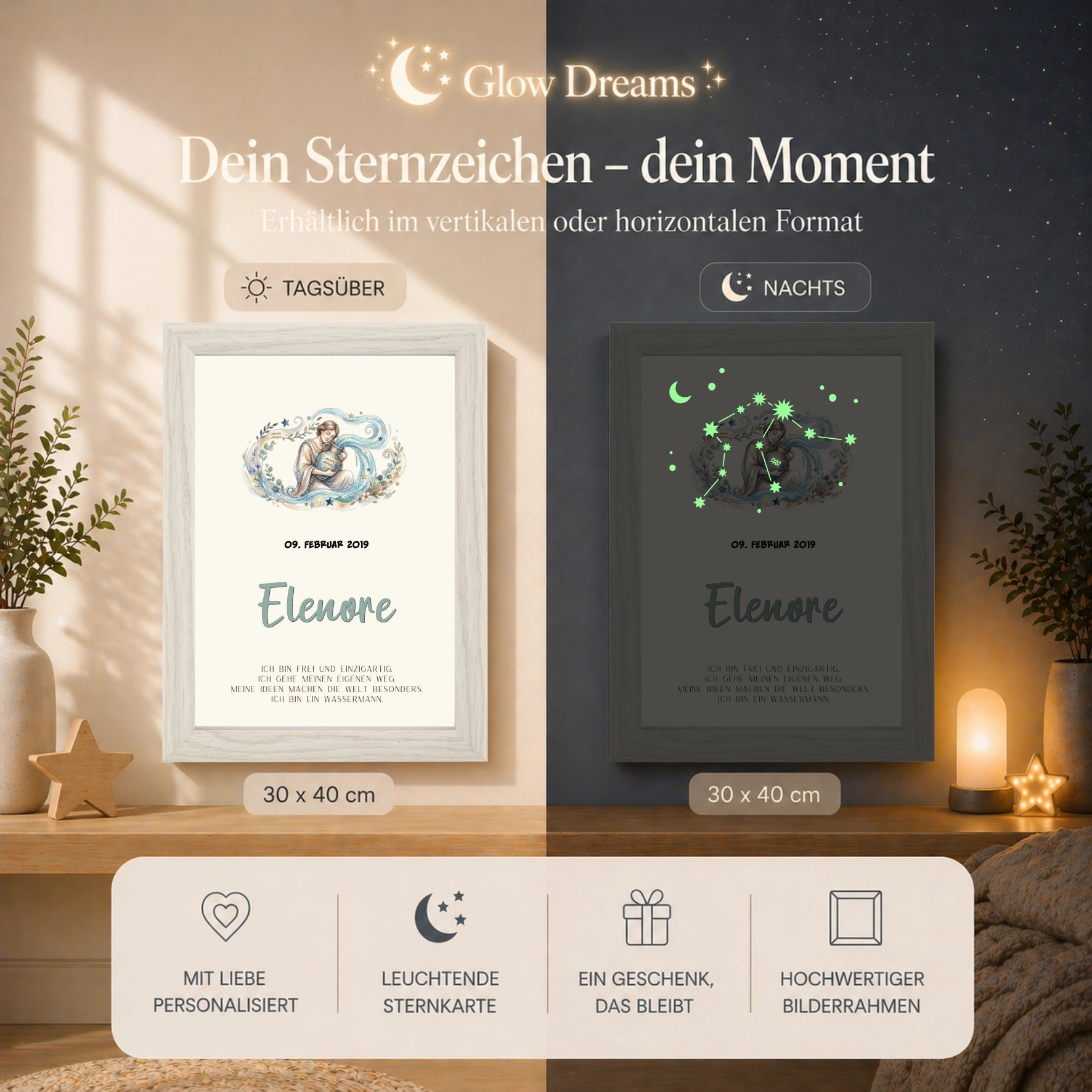 sternzeichen wassermann bilderrahmen personalisiert mit name und geburtsdatum glow effekt leuchtet im dunkeln kinderzimmer
