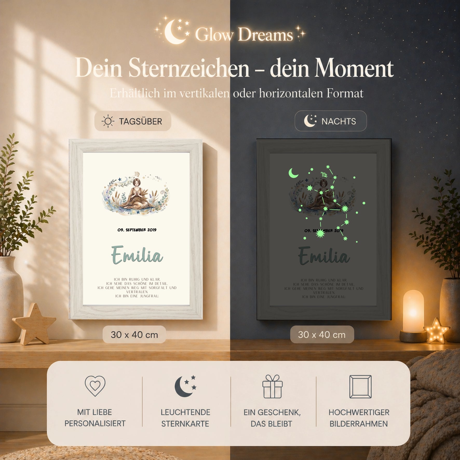 sternzeichen jungfrau bilderrahmen personalisiert mit name und geburtsdatum glow effekt leuchtet im dunkeln kinderzimmer