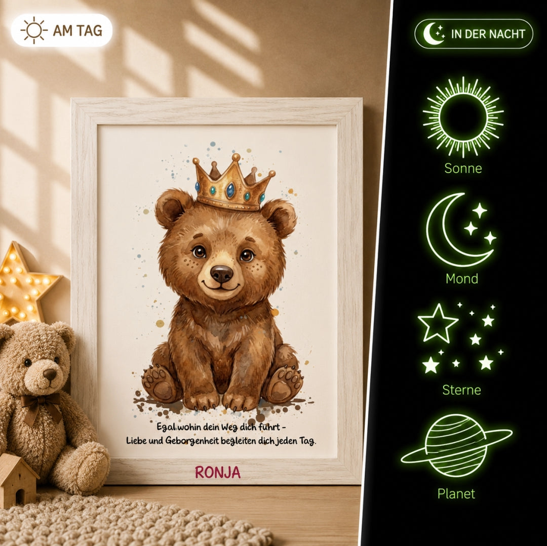 Glow Dreams Krafttier Bär – personalisiertes Leuchtbild für Kinder mit Bär, Name und sanft leuchtendem Nachtbegleiter im Holzrahmen