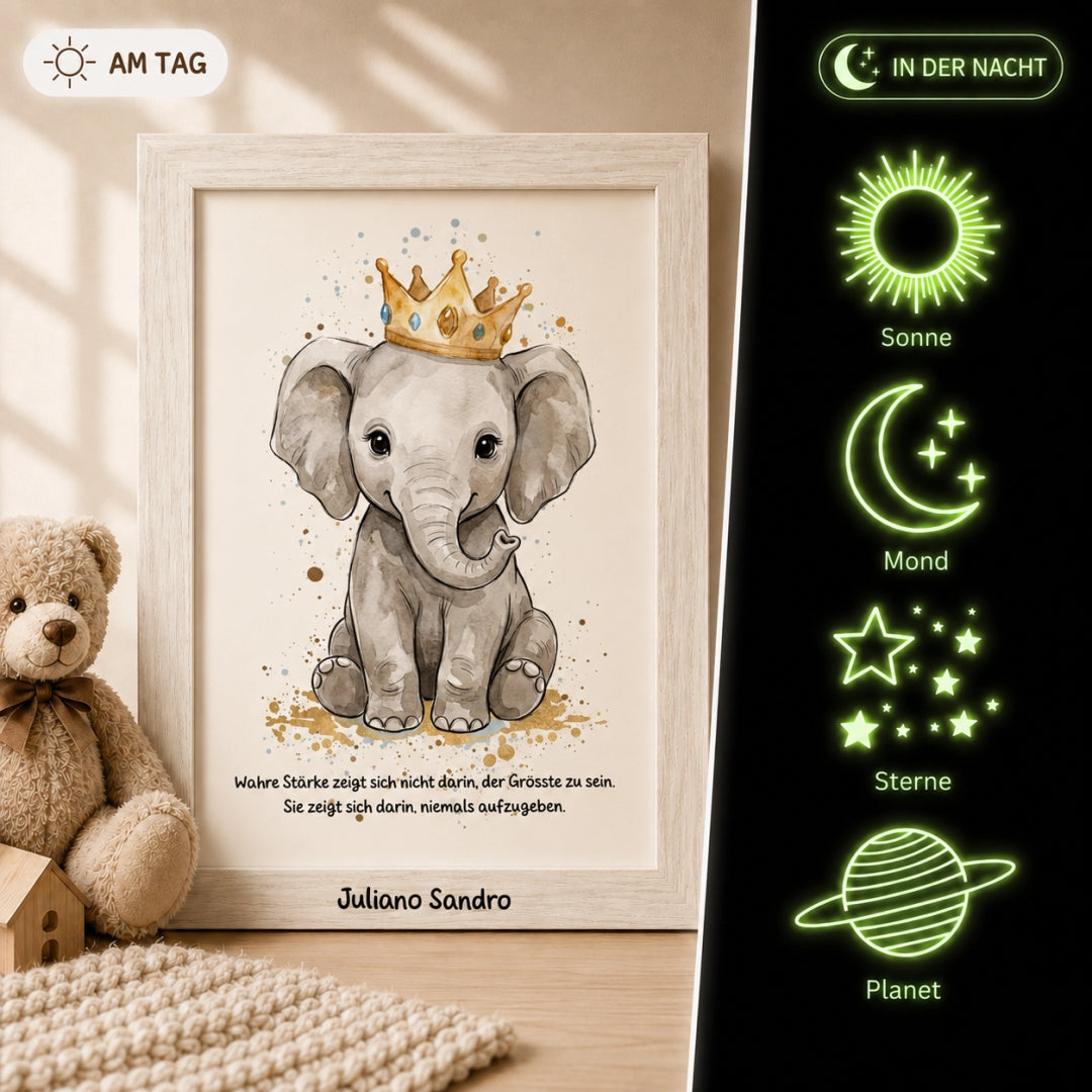Glow Dreams Krafttier Elefant – personalisiertes Leuchtbild für Kinder mit Elefant, Name und sanft leuchtendem Nachtbegleiter im Holzrahmen