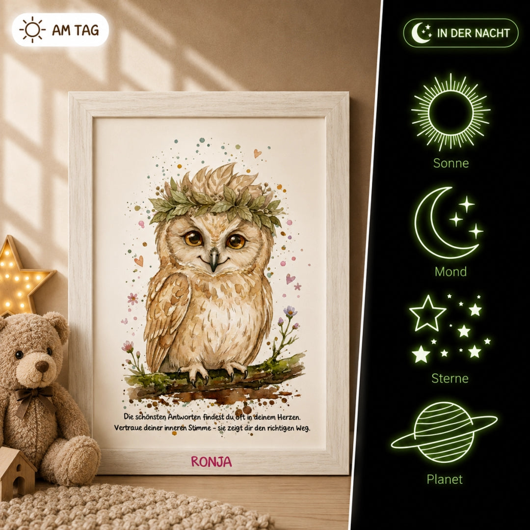 Glow Dreams Krafttier Eule – personalisiertes Leuchtbild für Kinder mit Eule, Name und sanft leuchtendem Nachtbegleiter im Holzrahmen