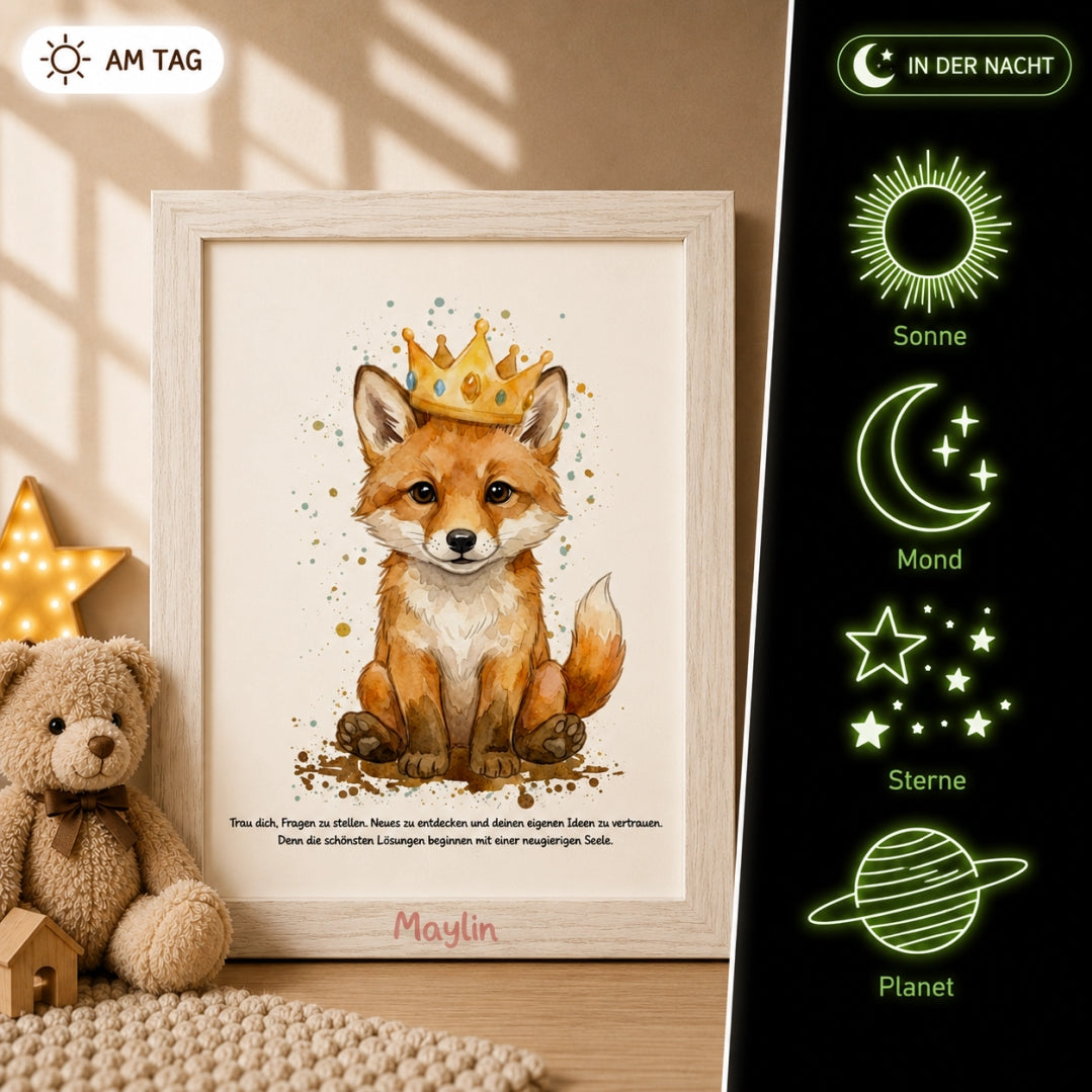 Glow Dreams Krafttier Fuchs – personalisiertes Leuchtbild für Kinder mit Fuchs, Name und sanft leuchtendem Nachtbegleiter im Holzrahmen