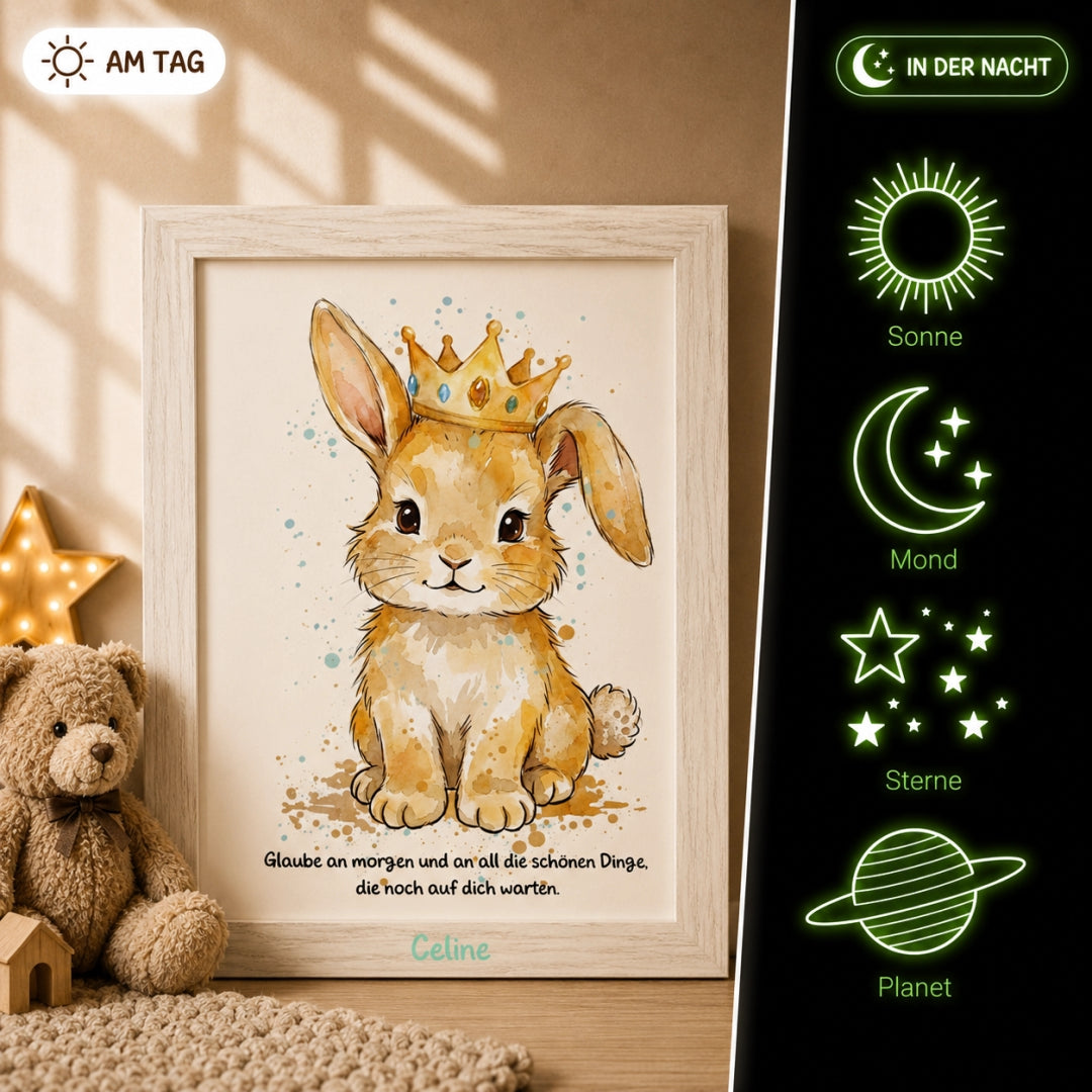 Glow Dreams Krafttier Hase – personalisiertes Leuchtbild für Kinder mit Hase, Name und sanft leuchtendem Nachtbegleiter im Holzrahmen