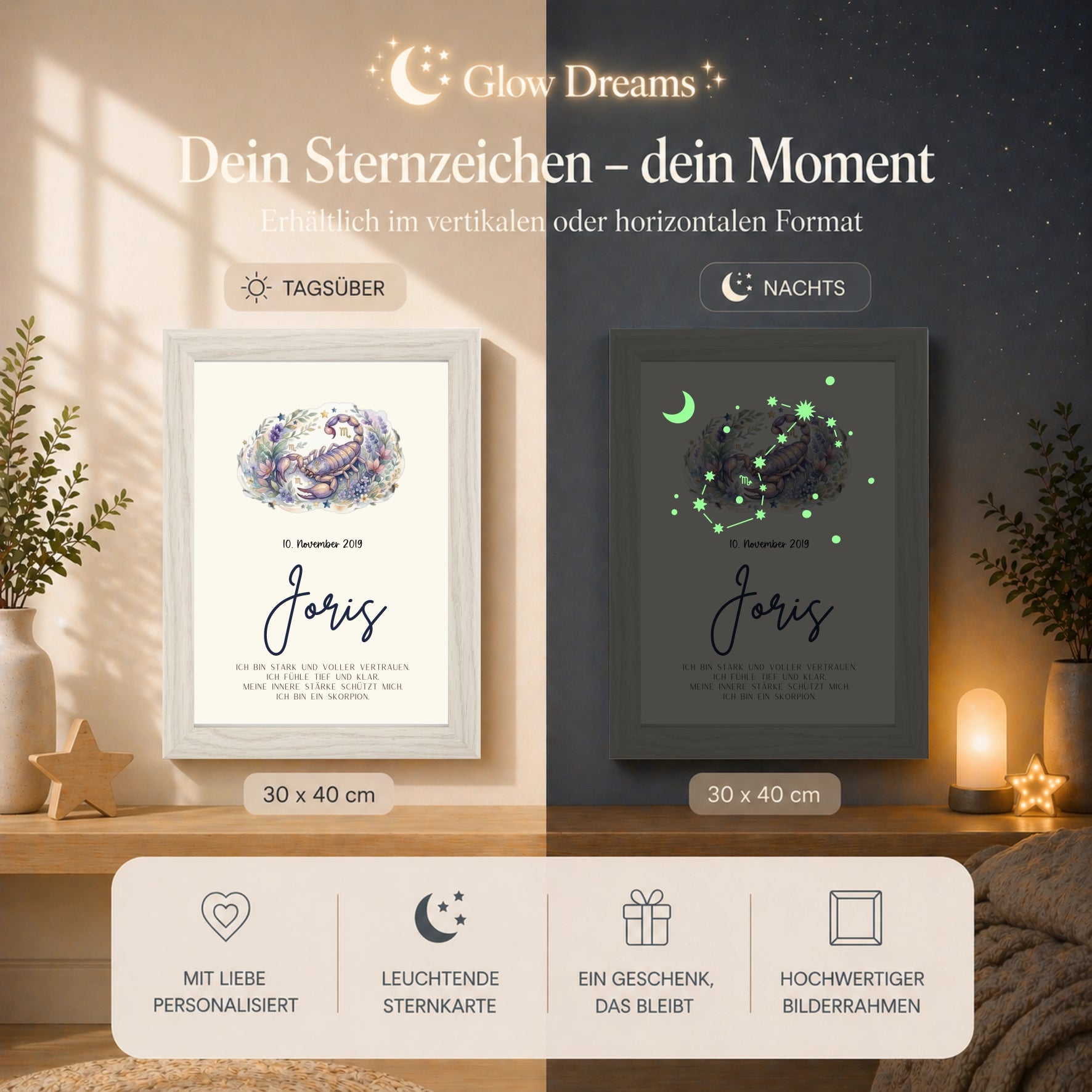 sternzeichen skorpion bilderrahmen personalisiert mit name und geburtsdatum glow effekt leuchtet im dunkeln kinderzimmer
