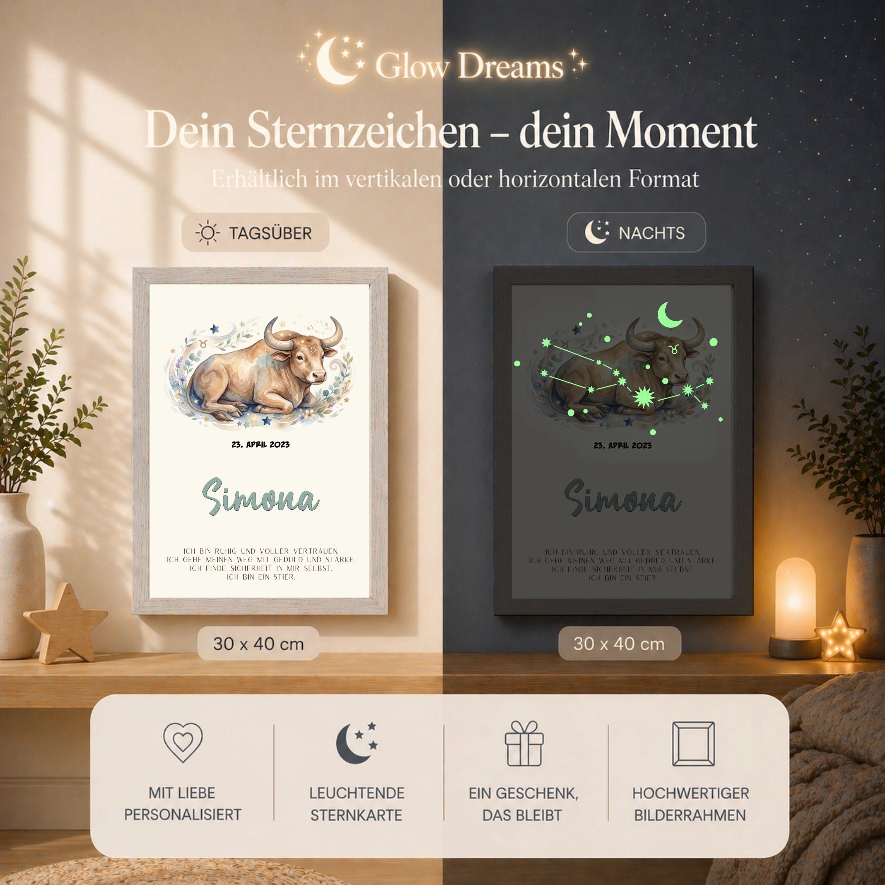 personalisierter sternzeichen stier bilderrahmen mit leuchtender sternkarte tag nacht vergleich kinderzimmer geschenk