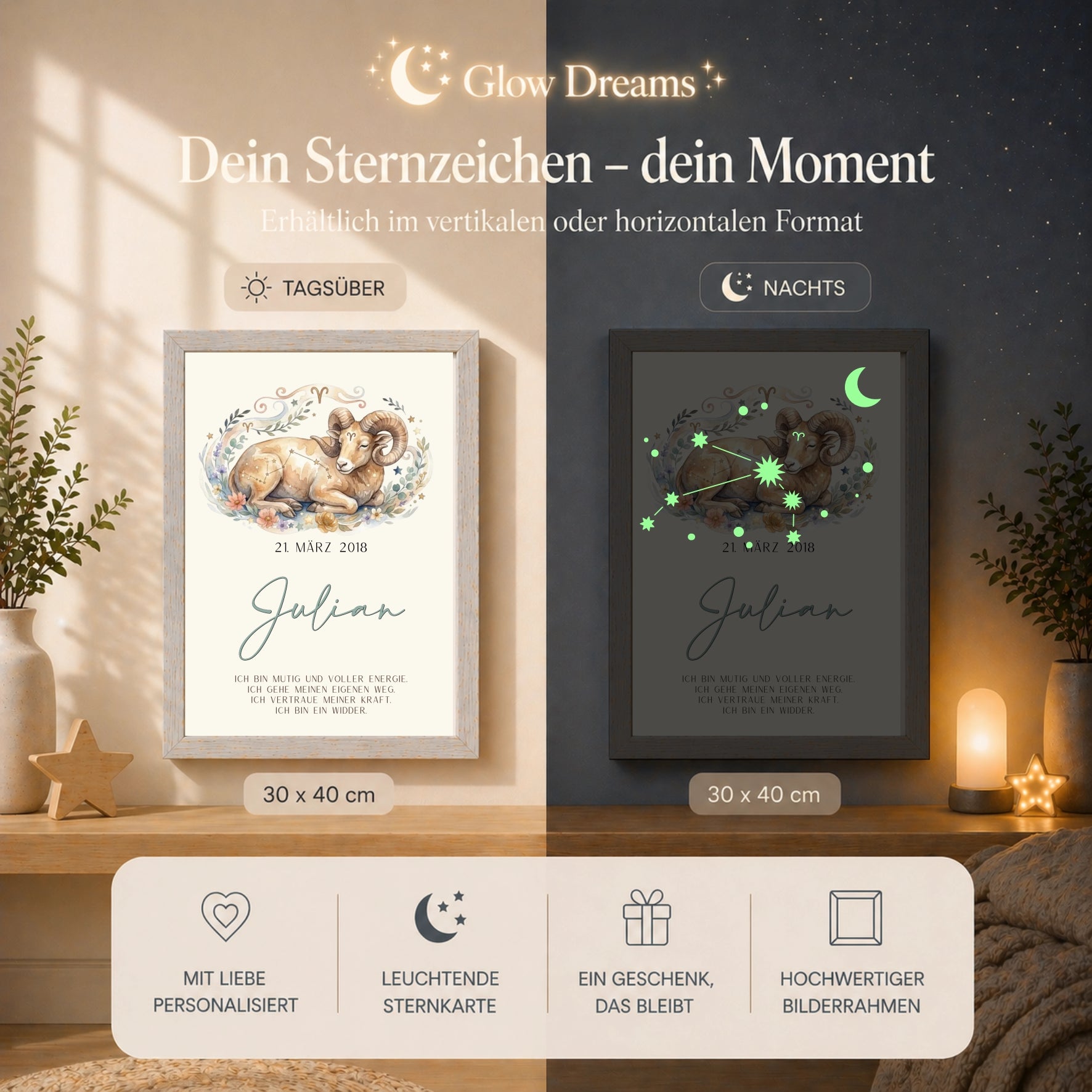 sternzeichen widder bilderrahmen glow effekt tag nacht vergleich leuchtet im dunkeln personalisiert kinderzimmer