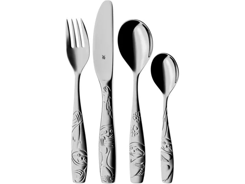 Kinderbesteck Faultier Tommi von WMF, 4-teilig aus rostfreiem Edelstahl hergestellt.