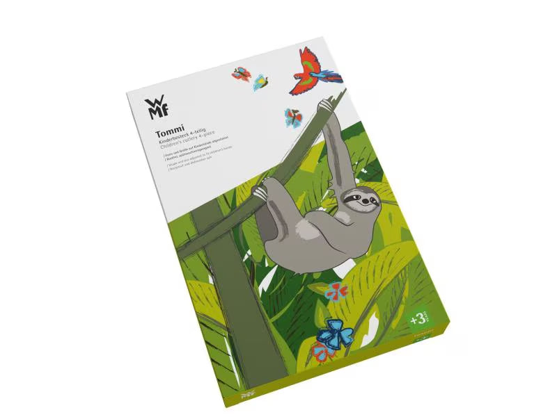 Geschenkverpackung von Kinderbesteck Faultier Tommi von WMF, 4-teilig aus rostfreiem Edelstahl hergestellt.